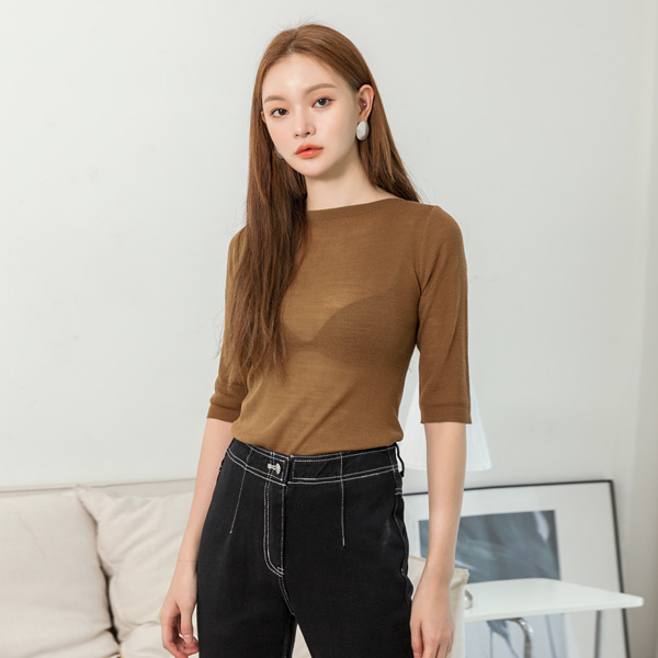 (T-4947)Slim solid boat neck knit