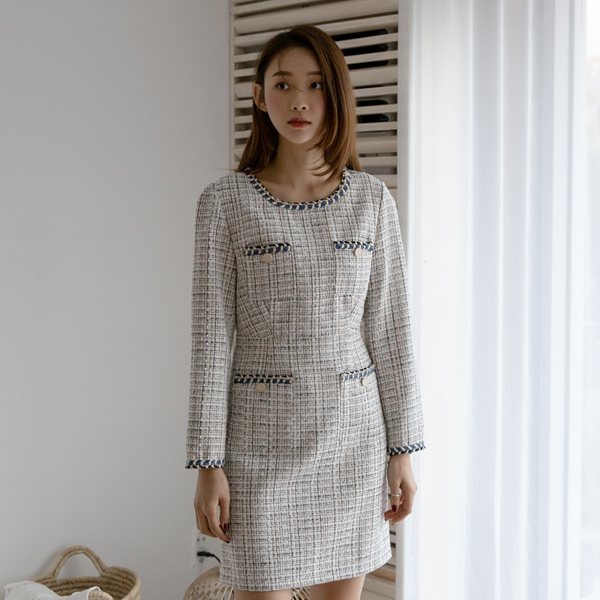 (OP-4812)Double Pocket Tweed Dress