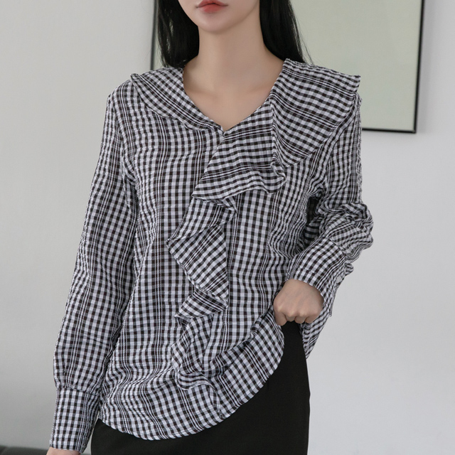 (BL-3430)Gingham Check Unbalance Full Blouse