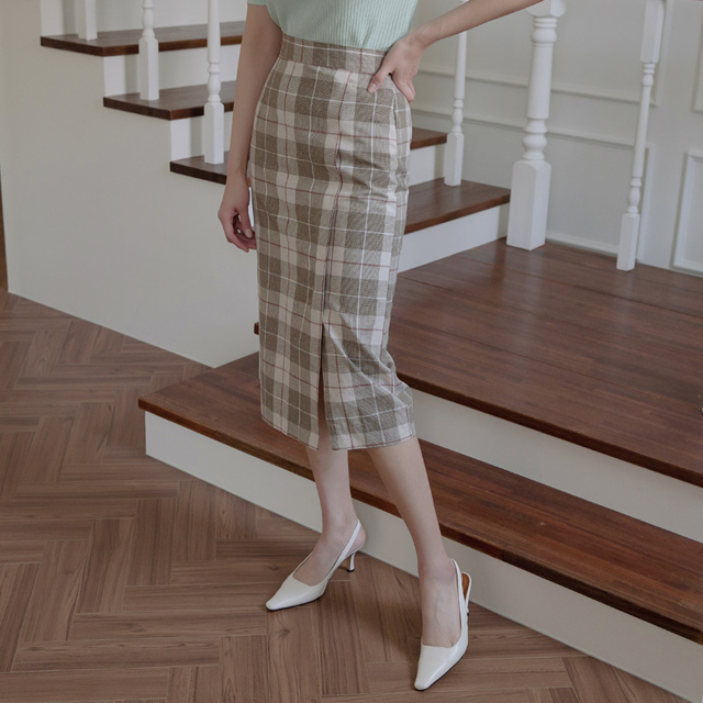 (SK-3717)Linen Check Banding Midi Skirt