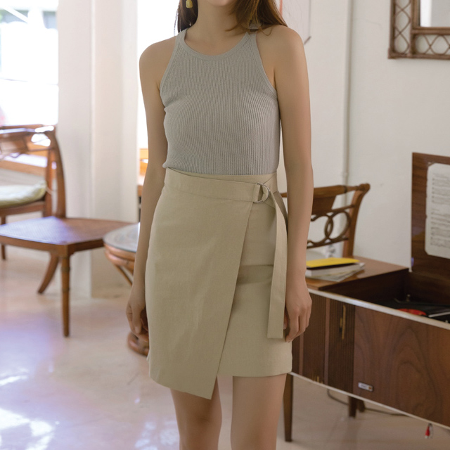 (SK-3723)Linen Solid Mini Wrap Skirt