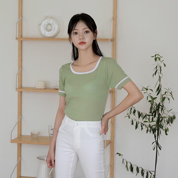 (T-5415) Square Lining Point Knit Top