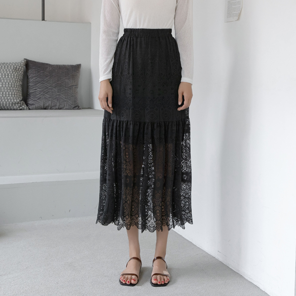 (SK-4040)Lace Long Banding Skirt