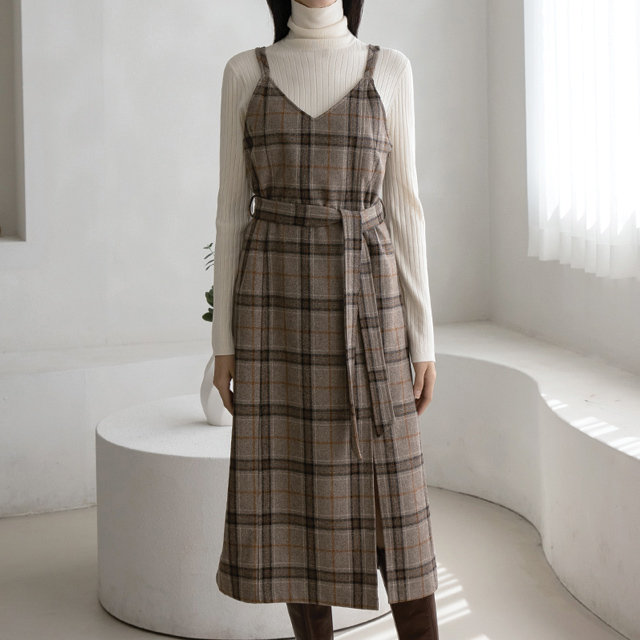 (OP-5229)Wool check layered dress S