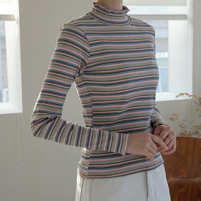 (T-5837) Stripe Ruffle Slim T-shirt
