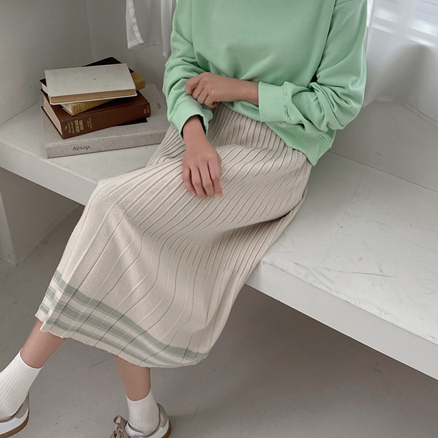 (SK-4253) Stripe Pleated Banding Knit Skirt