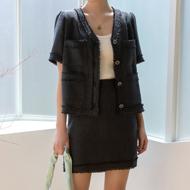 (SK-4235)Setup Summer Fringed Tweed Mini Skirt