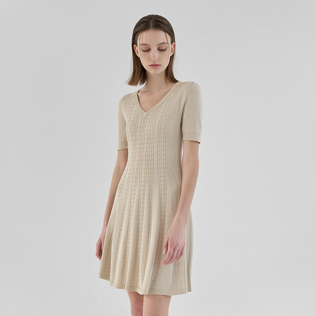 (OP-5505)Sleeve volume cable knit dress