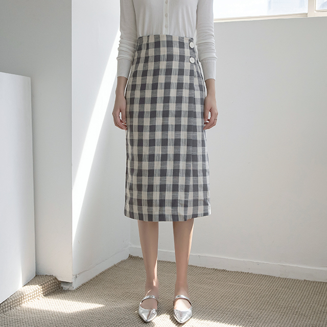 (SK-4389)Gingham Double Button Wrap Skirt