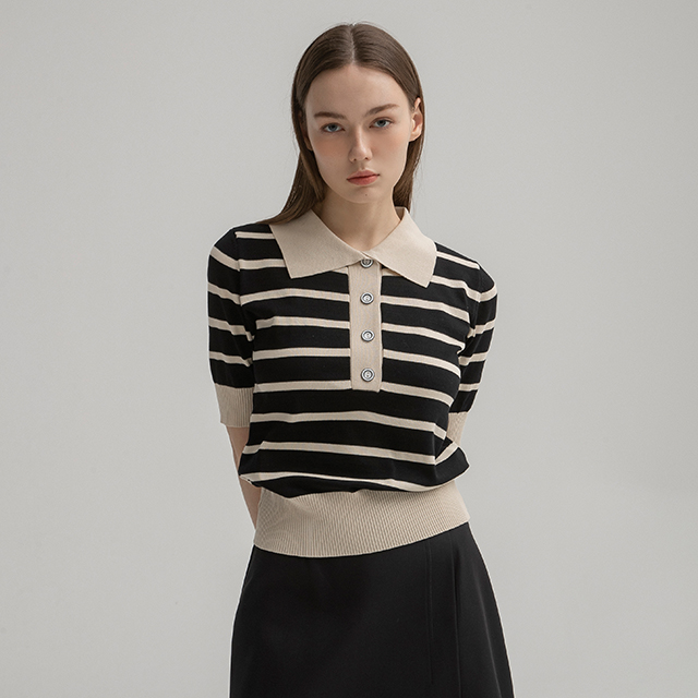 (T-6044)Stripe collar knit