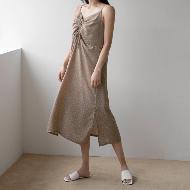 (OP-5691) Floral Shirring Sleeveless Dress