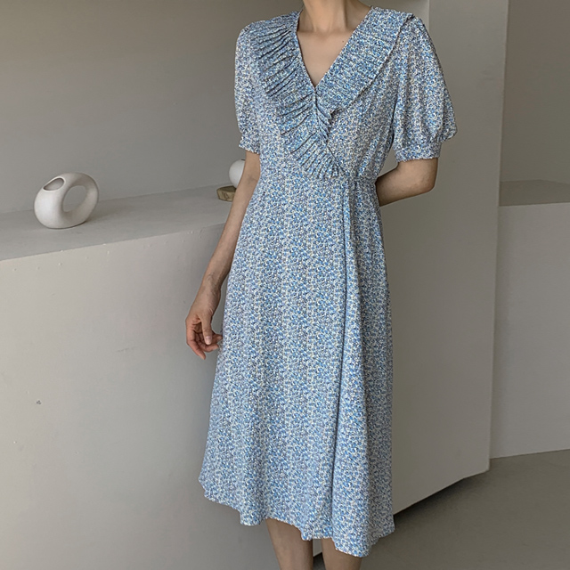 (OP-5727) Floral Pleated Collar Wrap Dress