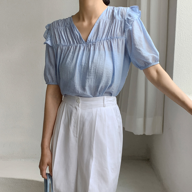 (BL-3871) Ruffled Shoulder Shirring Blouse