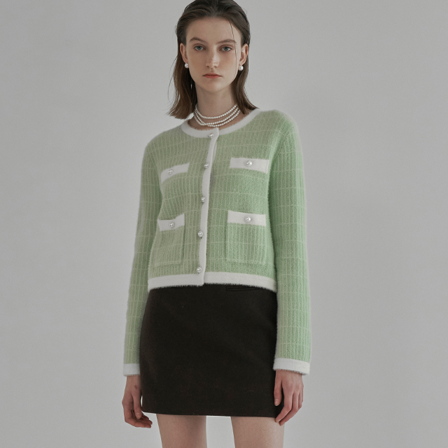 (JK-2586)Fake Angora Tweed Crop Knit Jacket