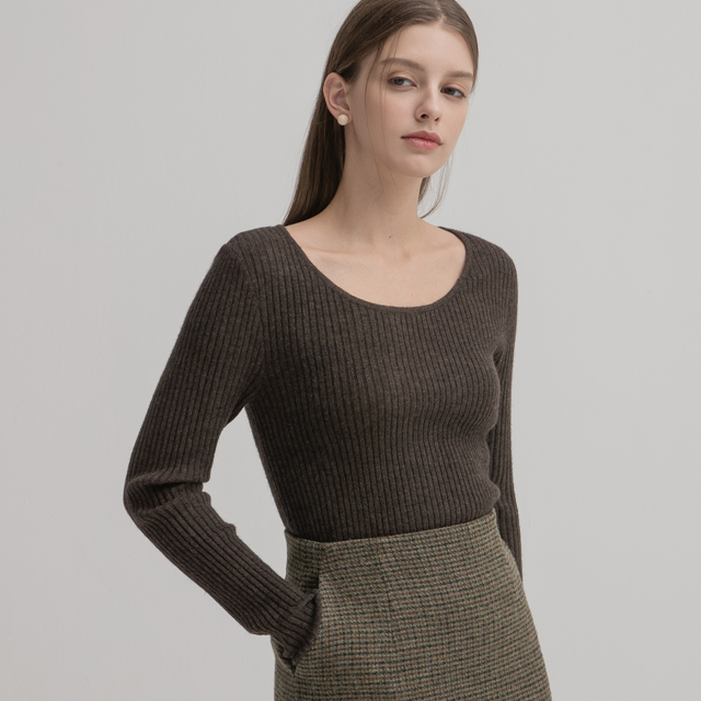 (ZNT-6324)Signature wool basic ribbed U-neck knit