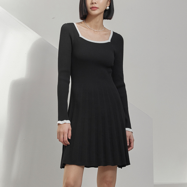 (OP-5857) Color matching line square neck ribbed knit dress