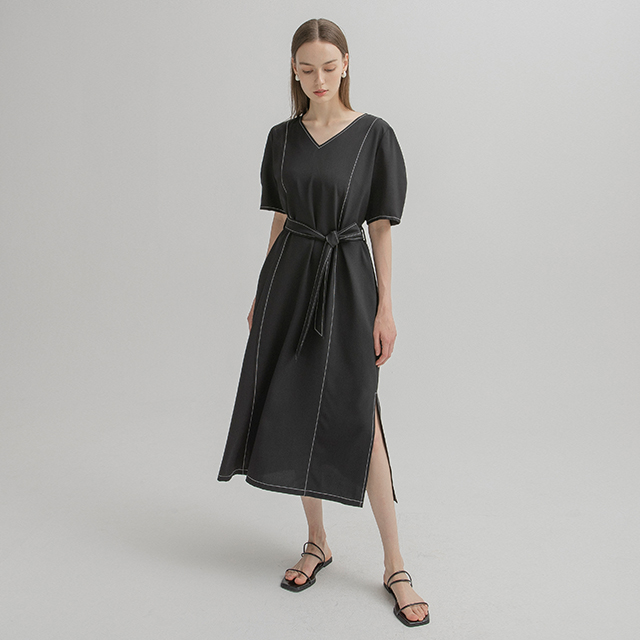 (OP-5903)V-neck volume loose fit dress