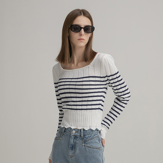 (T-6595) Stripe Square Neck Knit Sweater