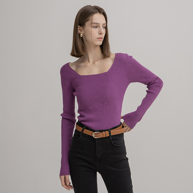(T-6599)Square Neck Slim Knit Sweater