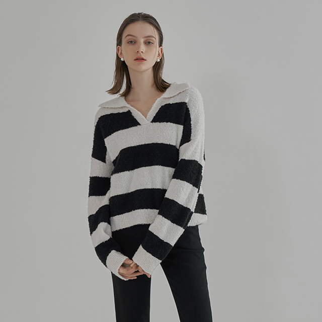 (T-6627) Wool Overfit Stripe Collar Knit