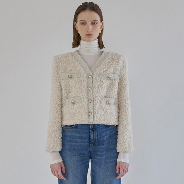 (JK-2790)Anna Tweed Color Matching Fake Fur Jacket