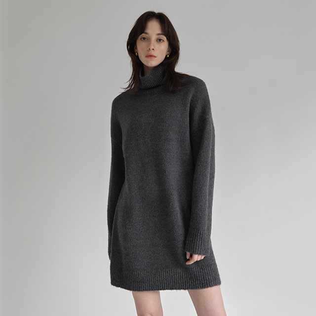 (OP-6061) Wool Hairy Turtleneck Knitwear Dress
