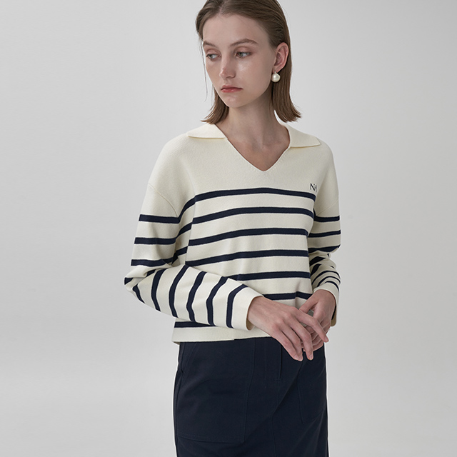 (T-6604)Kate Stripe Open Collar Knitwear Top
