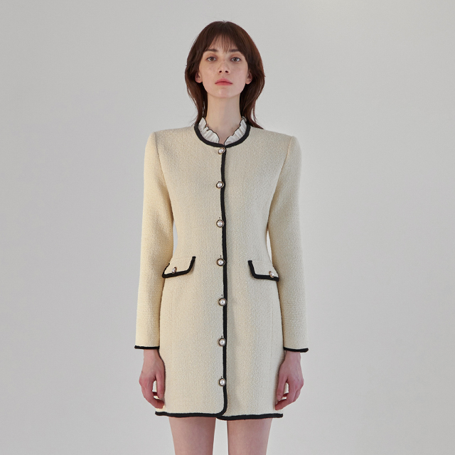 (OP-6025) Wool Blend Frill Neck Tweed Dress S