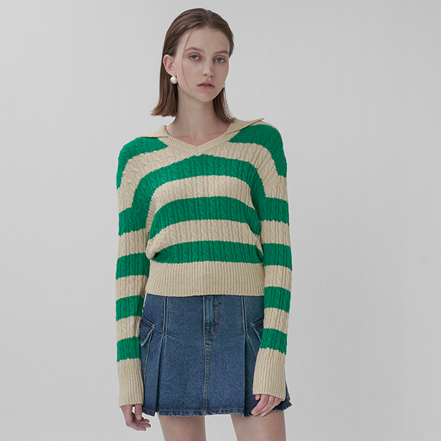 (T-6606) Cable stripe boucle open collar knit