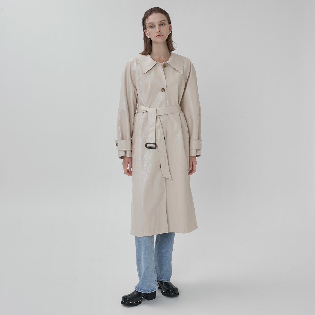 (CT-1418) Wrinkle Leather Single Long Trench Coat