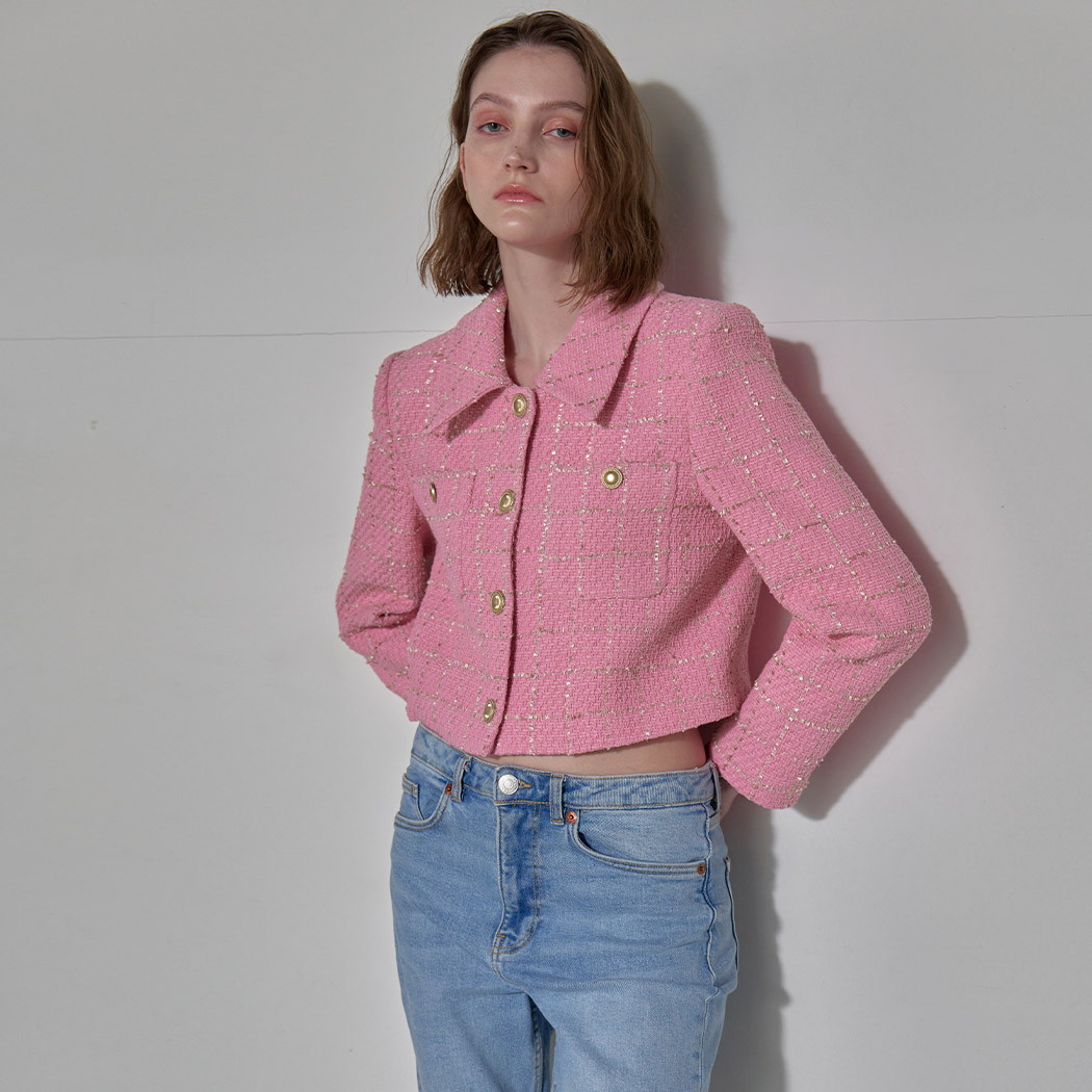 (JK-2828)Pancy Pink Tweed Cropped Jacket