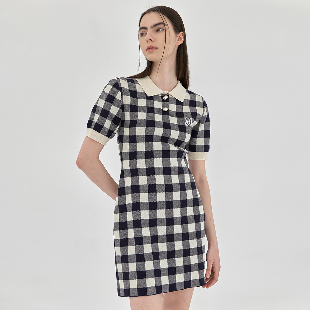 (OP-6104) Dorothy Summer Gingham Check Open Collar Knit One Piece
