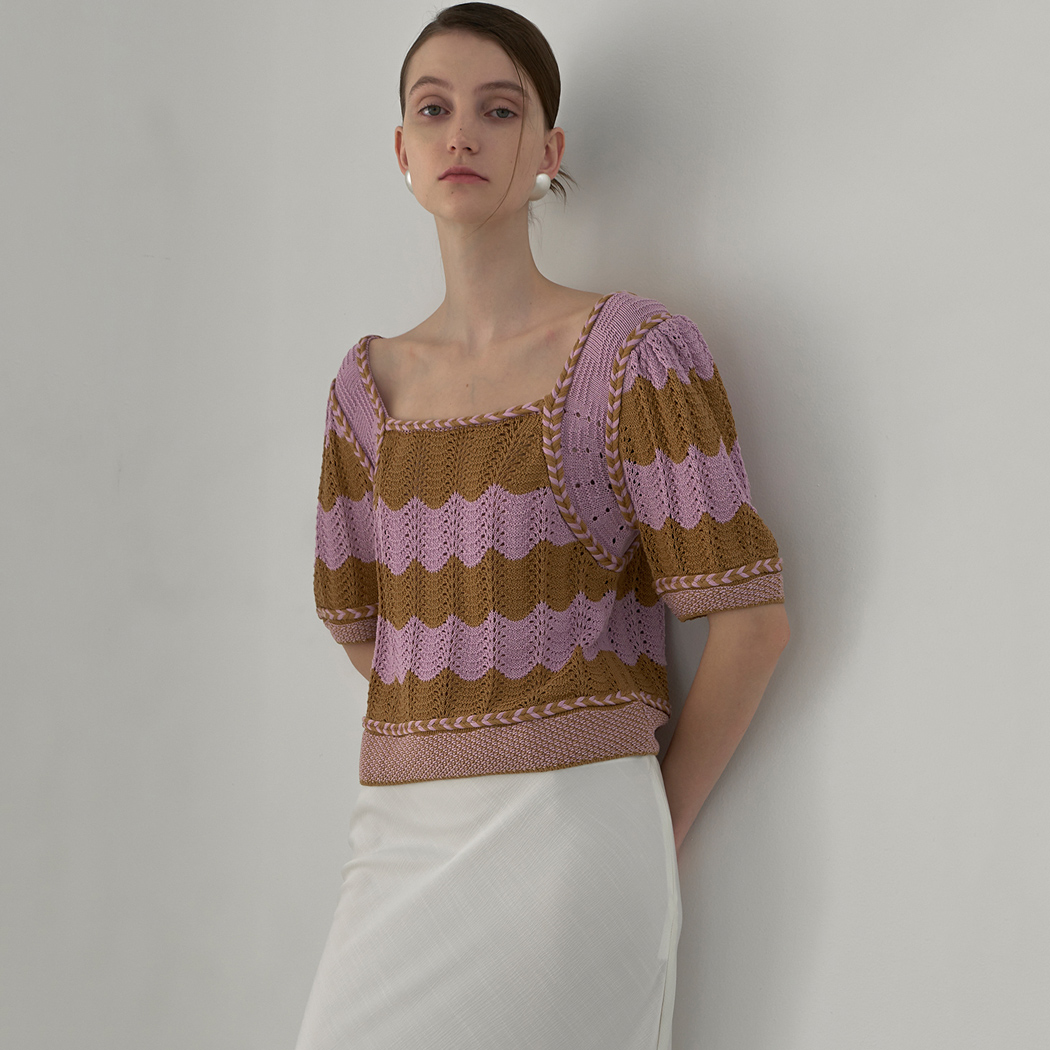(T-6684) Summer Wave Crochet Puff Sleeve Short Knit