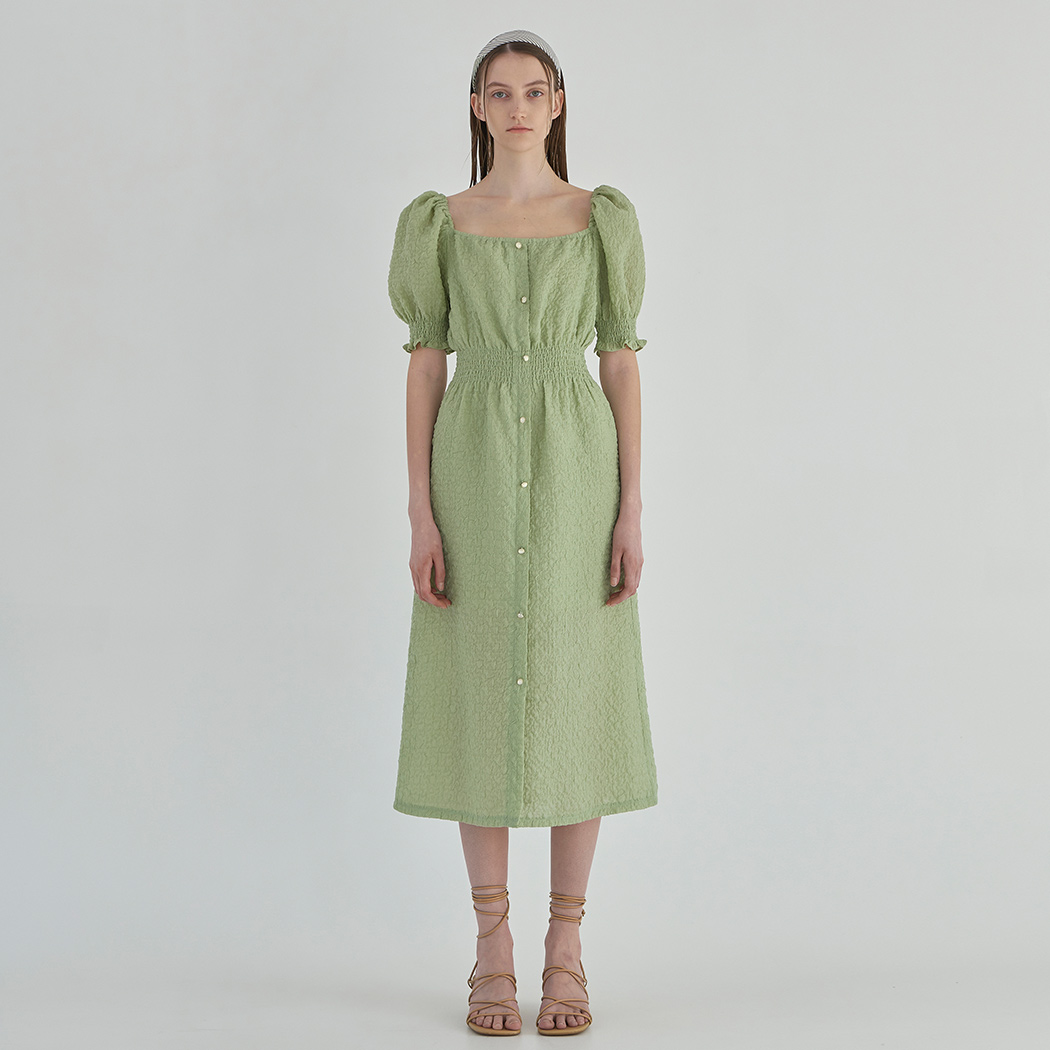 (OP-6075) Dear Wrinkle Puff Sleeve Long Dress Light Green
