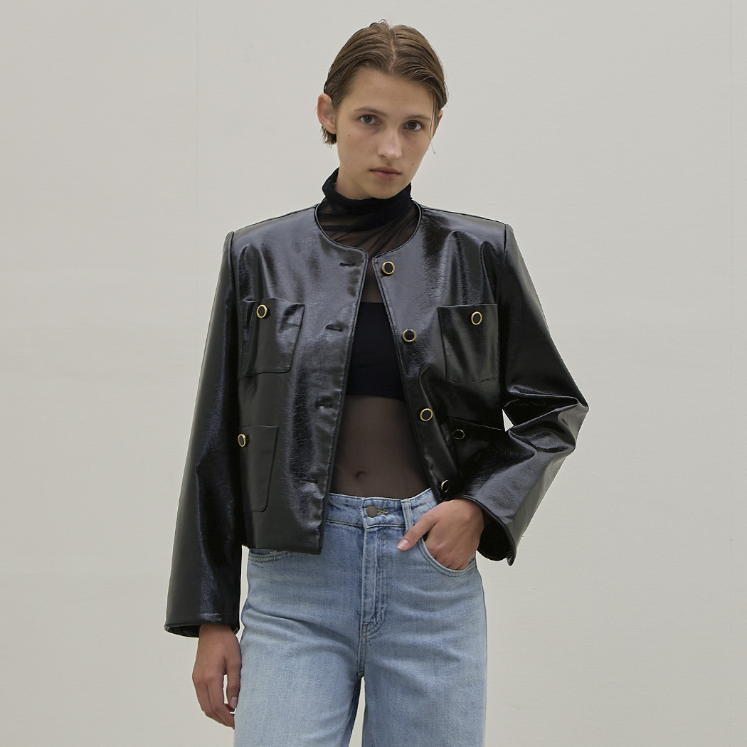(JK-2869)Glossy leather outer pocket jacket