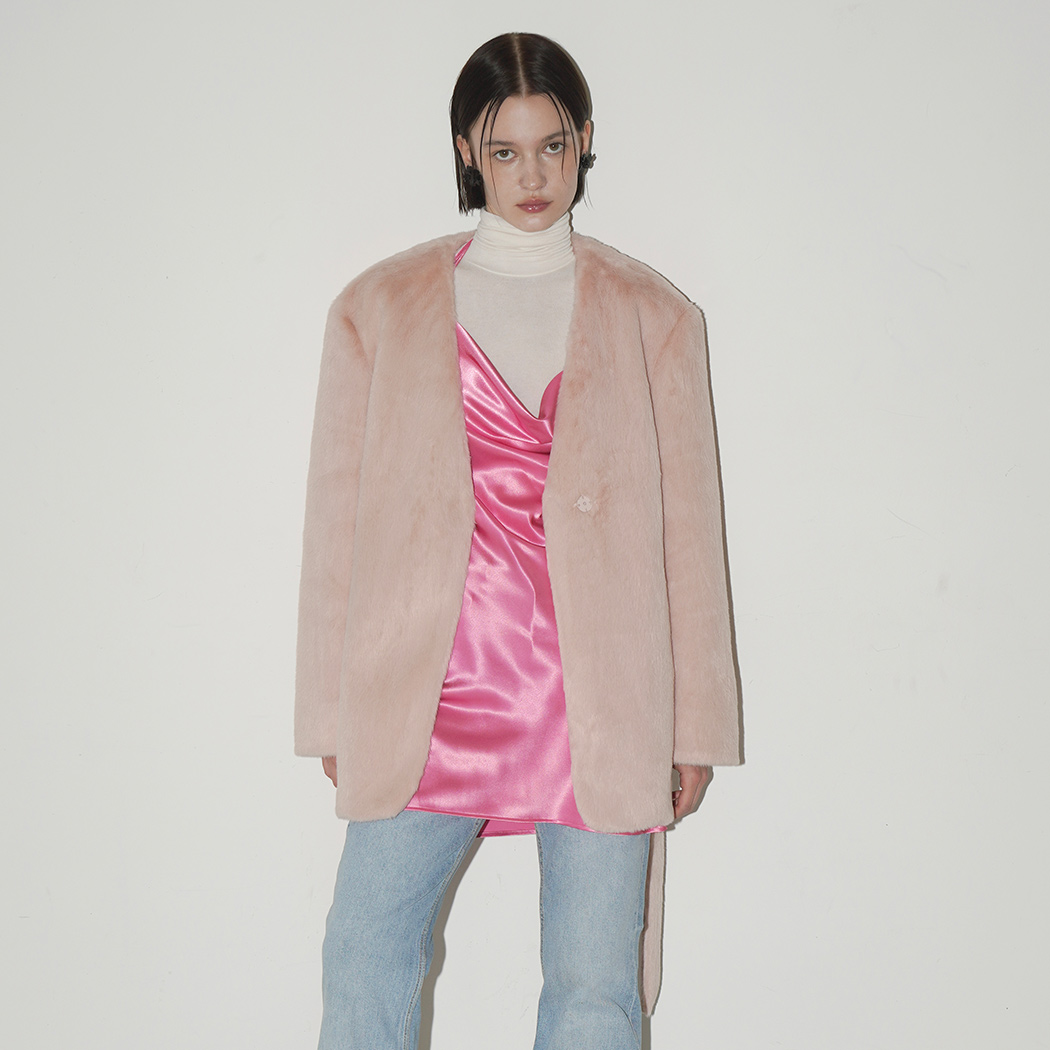 (JK-2905)Lean No Collar Belted Fur Jacket S Pink Beige