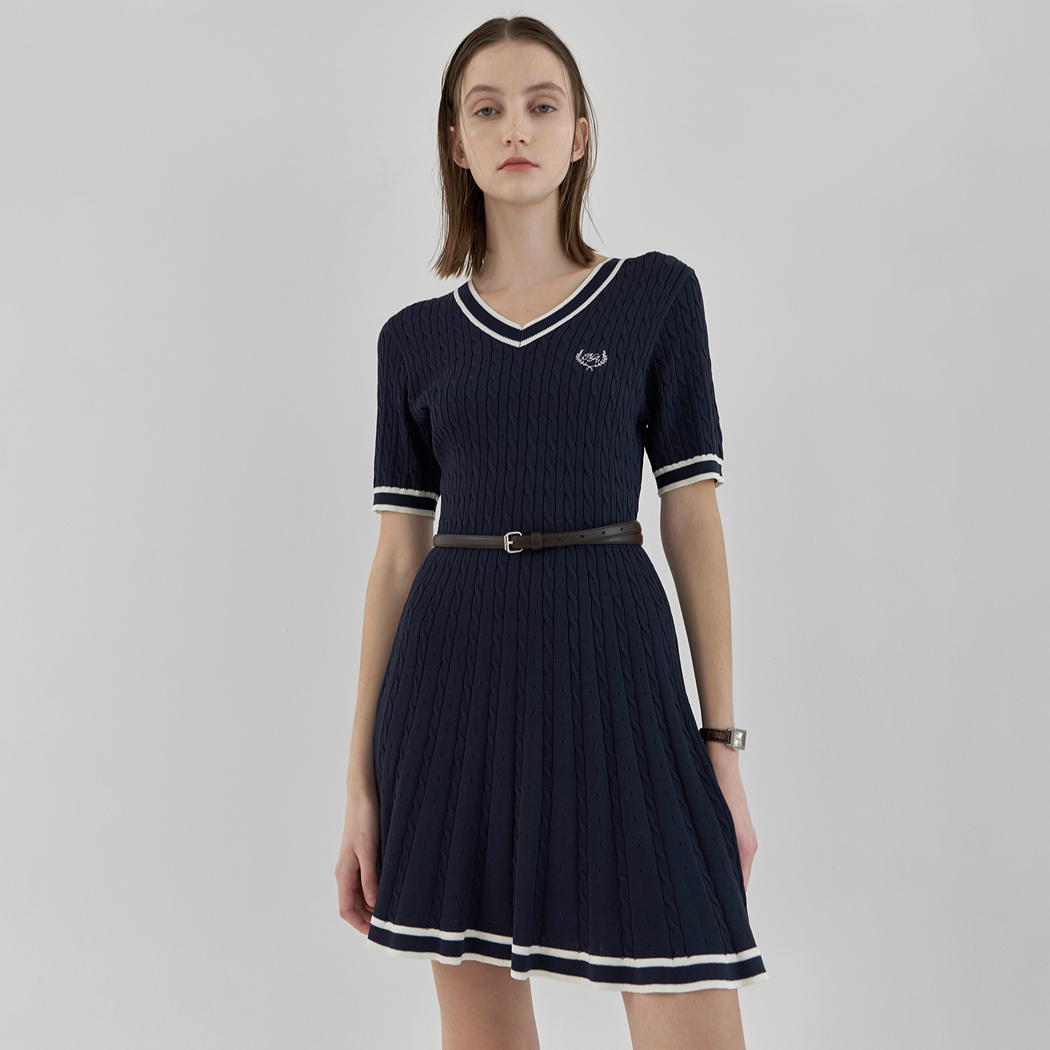 (OP-6056)Class embroidery cable V-neck knit dress