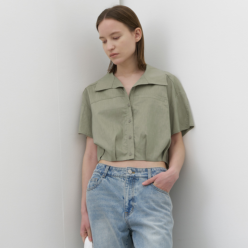 (BL-4213)LINEN CROP TUCK SHIRTS