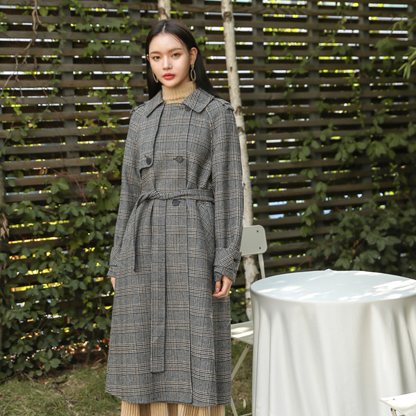 (CT-1004) Wool Check Trench Handmade Coat S