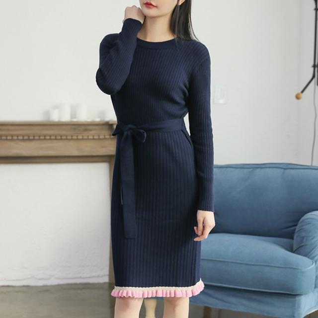 (OP-4009) Belted Color Knit One Piece S
