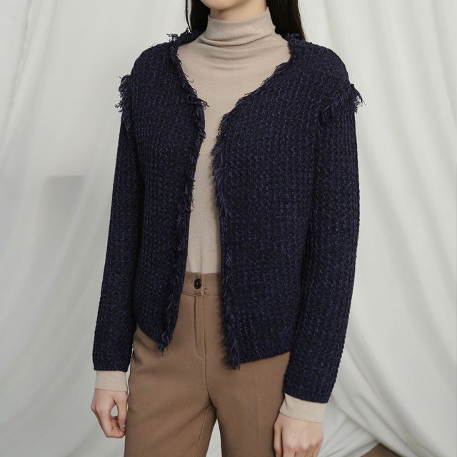 (CD-1187) Tweed Fringe Knit Cardigan