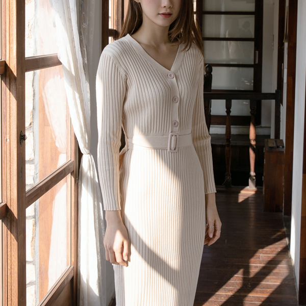 (OP-4145) Button V Belted Knit One Piece S