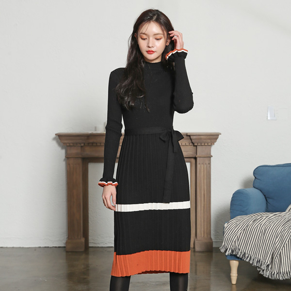 (OP-4146) Pleated Belted Knit One Piece S