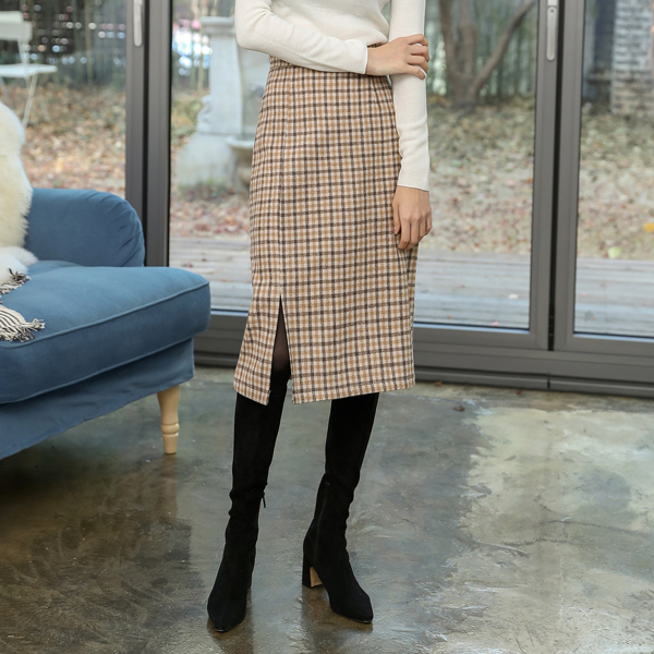 (SK-3227) Casual Slit Check Skirt