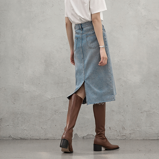 (SK-3301) Low Cut Midi Denim Skirt