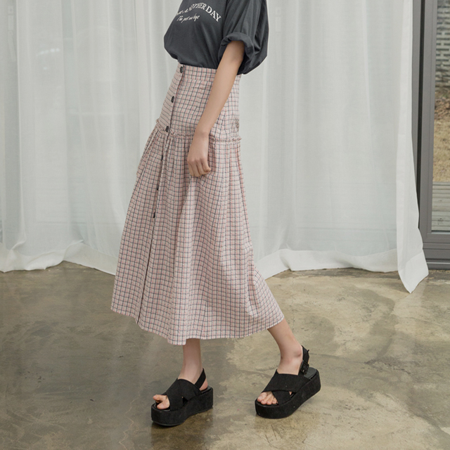 (SK-3241) Check shirring A-line skirt