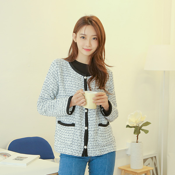 (JK-1980) Check Tweed Round Jacket