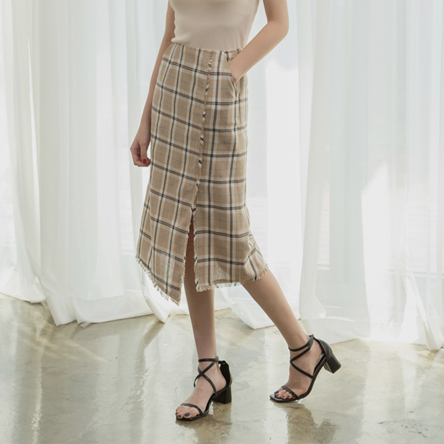 (SK-3333) Fringe Beige Check Skirt