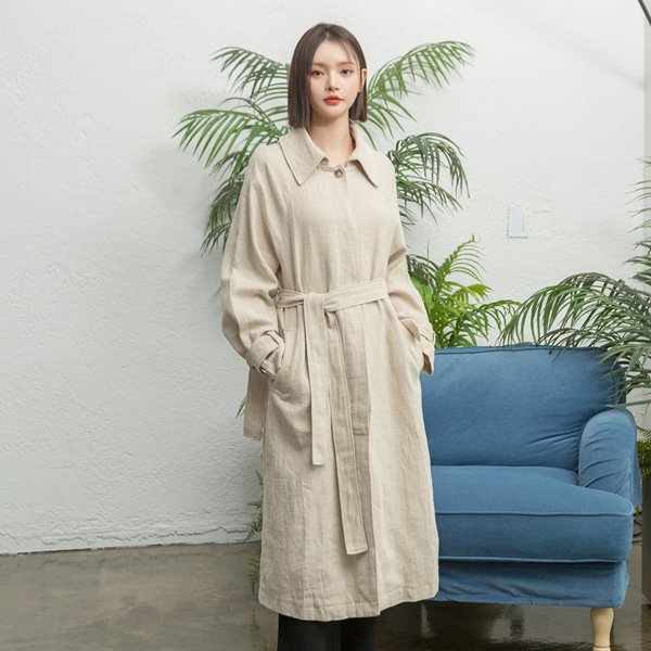 (CT-1178)Linen Button Collar Strap Coat S