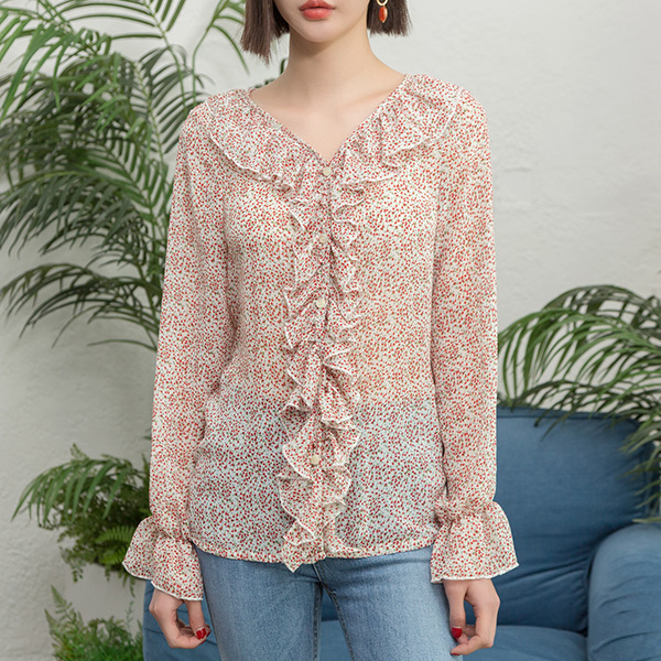 (BL-3249)Floral Frill Pointed Blouse